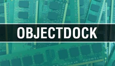 Devre kartında Elektronik Entegre Devre ile ObjectDock kavramı. Bilgisayar Çipli Nesne Rıhtımı soyut teknoloji arka planında ve Chip entegre bir devreyi kapatır
