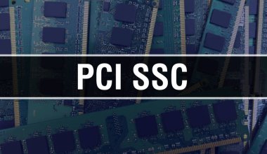 Elektronik Entegre Devre kartlı PCI SSC konsepti. Bilgisayar Çipi 'nin soyut teknoloji arka planında olduğu PCI SSC ve Chip entegre bir devrede kapanıyor. PCI SS