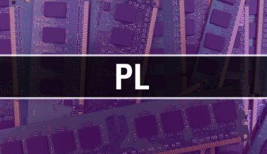 Yazılım geliştiricisi ve bilgisayar yazılımının elektronik soyut teknoloji arka planında PL metni yazıldı. PL entegre devre kavramı. PL entegre devre ve direnç