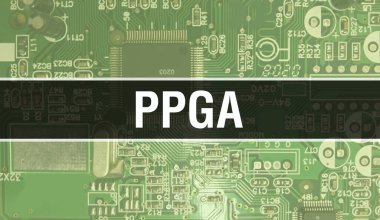 Devre Panosundaki Bilgisayar Çipi kullanılarak PPGA konsepti çizimi. PPGA entegre devre kartı arka planını kapat. PPGA Elektronik Bilgisayar Donanım Teknolojisi Anakart Dijital Chi