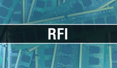 Devre Panosundaki Bilgisayar Çipini kullanarak RFI konsepti çizimi. RFI entegre devre levha arka planını kapat. Elektronik Bilgisayar Donanım Teknolojisi Anakart Dijital Çip arka grubunda RFI