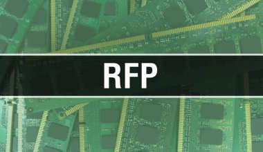 Devre Panosundaki Bilgisayar Çipi kullanılarak RFP konsepti çizimi. RFP entegre devre levha arka planını kapat. Elektronik Bilgisayar Donanım Teknolojisi Anakart Dijital Çip arka grubunda RFP