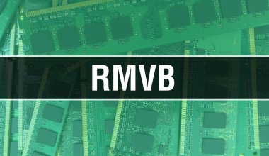 Bilgisayar anakartlı RMVB kavramı. Teknoloji anakartının dijital teknolojisi üzerine RMVB metni. Yazdırılmış devre kartı olan RMVB ve Chip entegre devre Backgroun 'u kapatır