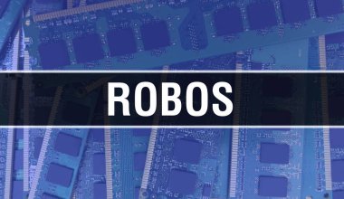 Bilgisayar anakartlı ROBOs konsepti. ROBOs metni Teknoloji Anakart Dijital Teknoloji arka planı üzerine yazıldı. Yazdırılmış devre kartı olan ROBOlar ve Chip entegre devreleri kapatır