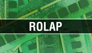 Elektronik Entegre Devre kartlı ROLAP konsepti. Bilgisayar Çipi 'nin soyut teknoloji arka planında olduğu ROLAP ve Chip entegre bir devrede kapanıyor. ROLA