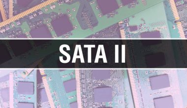 Yazılım geliştiricisinin ve bilgisayar yazılımının elektronik soyut teknoloji arka planında yazılmış SATA II metni. SATA II entegre devreler kavramı. SATA II entegre devre bir