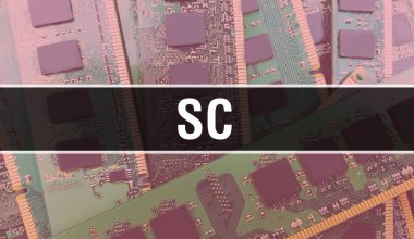 Bilgisayar anakartlı SC kavramı. SC metni Teknoloji Anakart Dijital Teknoloji arkaplanı üzerine yazılmış. Basılı devre kartı olan SC ve Entegre devre grubuna yakın Chip