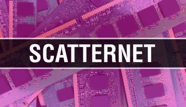 Scatternet konsept illüstrasyonunda Devre Panosundaki Bilgisayar Çipi kullanılıyor. Entegre devre levha arka planının Scatternet kapalı. Elektronik Bilgisayar Donanım Teknolojisi Motherboar üzerine Scatternet