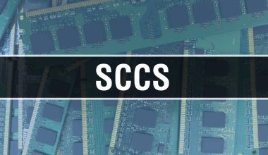 Devre kartında Elektronik Entegre Devre ile SCCS konsepti. Bilgisayar Çipi 'nin soyut teknoloji arka planında olduğu SCCS ve Chip entegre bir devrede kapanıyor. SCCS Arka Gruplama