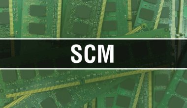 Entegre devre kartında elektronik bileşenleri olan SCM. Dijital Elektronik Bilgisayar Donanımı ve Güvenli Veri Konsepti. Bilgisayar anakart ve SCM. SCM Entegre Devre Domuzu