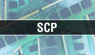 Devre Panosundaki Bilgisayar Çipi kullanılarak SCP konsepti illüstrasyonu. SCP entegre devre levha arka planını kapat. SCP: Elektronik Bilgisayar Donanım Teknolojisi Anakart Dijital Çip arka grubu