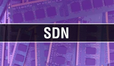 Elektronik Entegre Devre kartlı SDN konsepti. Bilgisayar Çipi 'nin soyut teknoloji arka planında olduğu SDN ve Chip entegre bir devrede kapanıyor. SDN Arka Gruplandırması