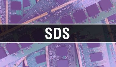 Devre Panosundaki Bilgisayar Çipi kullanılarak SDS konsepti illüstrasyonu. SDS entegre devre levha arka planını kapatın. Elektronik Bilgisayar Donanım Teknolojisi Anakart Dijital Çip arka grubunda SDS