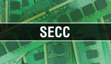 Devre Panosundaki Bilgisayar Çipi kullanılarak SECC konsepti illüstrasyonu. SECC entegre devre panosu arka planını kapatın. SECC Elektronik Bilgisayar Donanım Teknolojisi Anakart Dijital Chi