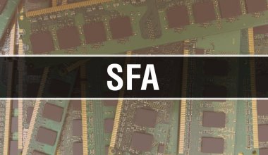 Devre kartında Elektronik Entegre Devre ile SFA kavramı. Bilgisayar Çipi 'nin soyut teknoloji arka planında olduğu SFA ve Chip entegre bir devrede kapanıyor. SFA Arka Gruplandırması