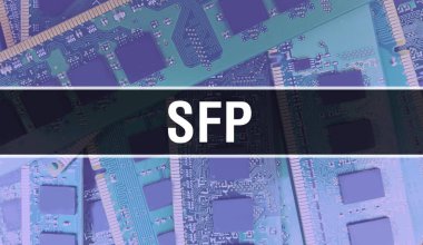 Yazılım geliştiricisinin ve bilgisayar yazılımının elektronik soyut teknoloji arka planında yazılmış SFP metni. SFP entegre devreler kavramı. SFP entegre devre ve direnç