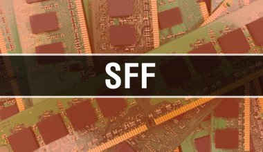 Elektronik Bilgisayar Donanım Teknolojisi geçmişi olan SFF. Elektronik Entegre Devre ve SFF ile soyut bir arkaplan. Elektronik Devre Kurulu. Bilgisayar Entegre Devre Domuzu ile SFF
