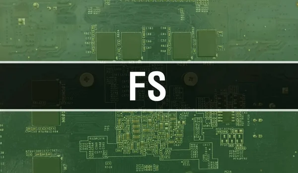 Fsとテクノロジーマザーボードデジタル Fsとコンピュータ回路基板電子計算機ハードウェア技術マザーボードデジタルチップの概念 集積回路でFsを閉じる猪 — ストック写真