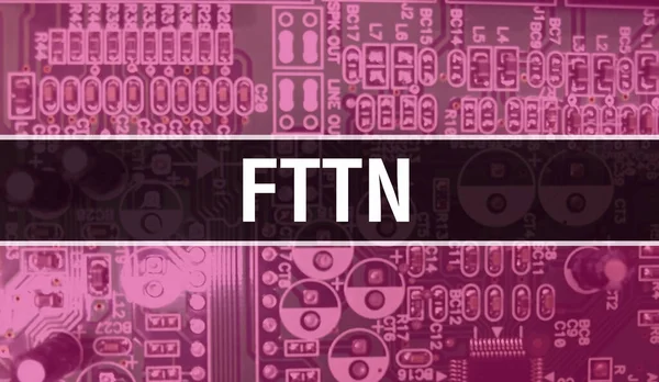 回路基板上のコンピュータチップを用いたFttnコンセプトイラスト Fttnは集積回路基板の背景を閉じます 電子計算機ハードウェア技術に関するFttn マザーボードデジタルチー — ストック写真