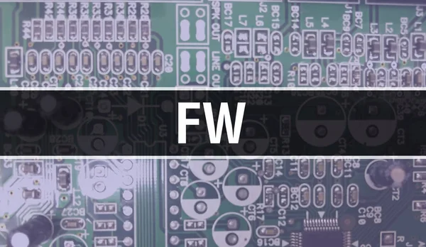 Devre panosundaki bilgisayar çipini kullanarak FW konsepti çizimi. Entegre devre levha arka planının FW yakın çekim. Elektronik Bilgisayar Donanım Teknolojisi Anakart Dijital Çip arka grubunda FW