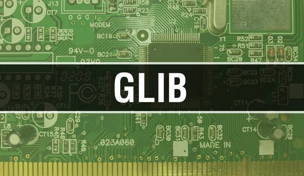具有电子计算机硬件技术背景的Glib 具有电子集成电路和Glib的背景 电子电路板 Glib与计算机集成电路板 — 图库照片