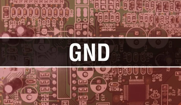 Gnd概念与计算机主板 Gnd文本写在技术母板数字技术背景上 Gnd与印制电路板和芯片在集成电路背板上的闭合 — 图库照片