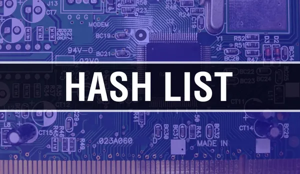 電子計算機ハードウェア技術の背景を持つハッシュリスト 電子集積回路とハッシュリストを用いたアブストラクトな背景 電子回路基板 ハッシュリストとコンピュータ統合 — ストック写真
