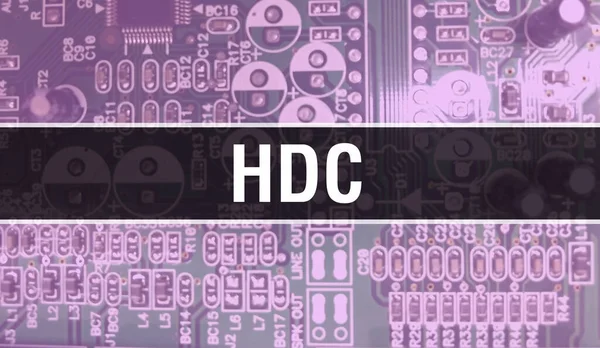 集積回路基板上に電子部品を搭載したHdc背景デジタル電子計算機ハードウェアとセキュアデータコンセプト コンピュータのマザーボードとHdc Hdc集積回路ボール — ストック写真