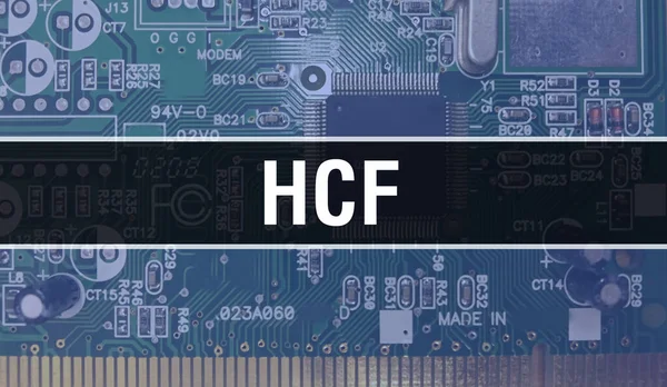 具有电子计算机硬件技术背景的Hcf 具有电子集成电路和Hcf的背景 电子电路板 带计算机集成电路的Hcf平面 — 图库照片