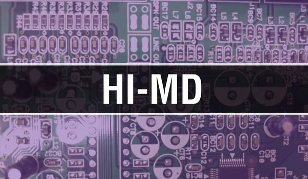 Hi-MD concept illustration using Computer Chip in Circuit Board. Hi-MD close up of integrated circuits board background. Hi-MD on Electronic Computer Hardware Technology Motherboard Digital Chi