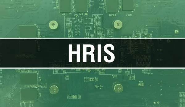 在电路板上配备电子集成电路的Hris概念 Hris与计算机芯片在电路板抽象技术背景和芯片在集成电路上的密切关系 Hris Backgroun — 图库照片