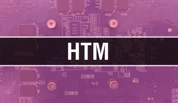 HTM concept with Electronic Integrated Circuit on circuit board. HTM with Computer Chip in Circuit Board abstract technology background and Chip close up on a integrated circuit. HTM Backgroun