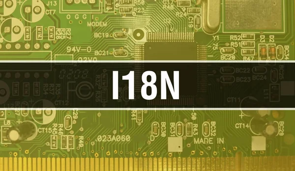 I18N与技术主板数字 I18N和计算机电路板电子计算机硬件技术主板数字芯片的概念 用集成电路关闭I18N — 图库照片