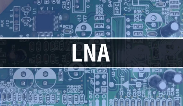 在电路板中使用计算机芯片演示Lna概念 Lna闭合集成电路板背景 电子计算机软硬件技术Lna主板数字芯片背板 — 图库照片