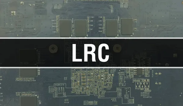 Lrc的概念与电子集成电路在电路板上 具有计算机芯片在电路板抽象技术背景中的Lrc和芯片在集成电路上的闭合 Lrc Backgroun — 图库照片