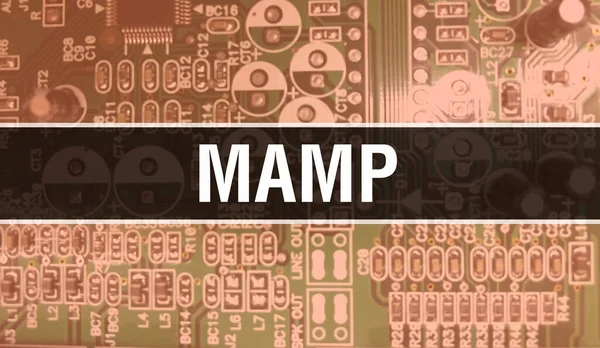 stock image MAMP text written on Circuit Board Electronic abstract technology background of software developer and Computer script. MAMP concept of Integrated Circuits. MAMP integrated circuit and resistor