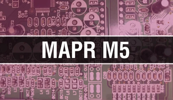 Mapr M5文本写在电路板上 具有软件开发人员和计算机脚本的电子抽象技术背景 Mapr M5集成电路的概念 Mapr M5集成电路和 — 图库照片