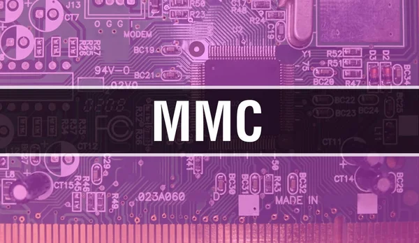 Mmc与技术主板数字 Mmc和计算机电路板电子计算机硬件技术主板数字芯片的概念 用集成电路关闭Mmc猪 — 图库照片