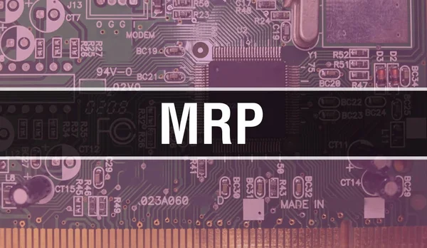 Mrp文本写在电路板上 具有软件开发人员和计算机脚本的电子抽象技术背景 Mrp集成电路的概念 Mrp集成电路和电阻 — 图库照片