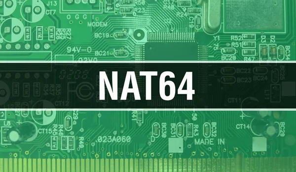 Ilustracja Koncepcji Nat64 Przy Użyciu Chipu Komputerowego Płytce Obwodu Drukowanego — Zdjęcie stockowe