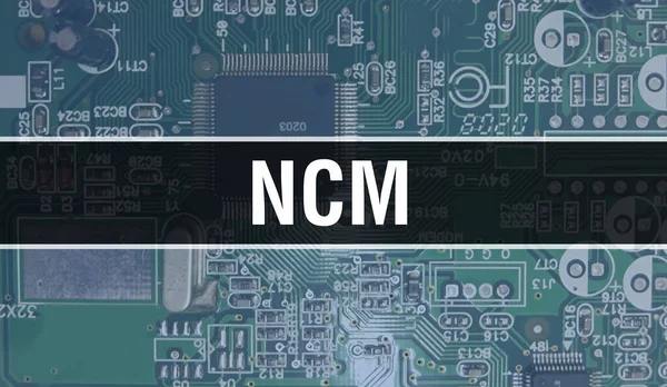 Ncm的概念与电子集成电路在电路板上 Ncm与计算机芯片在电路板抽象技术背景和芯片在集成电路上的紧密相连 Ncm Backgroun — 图库照片