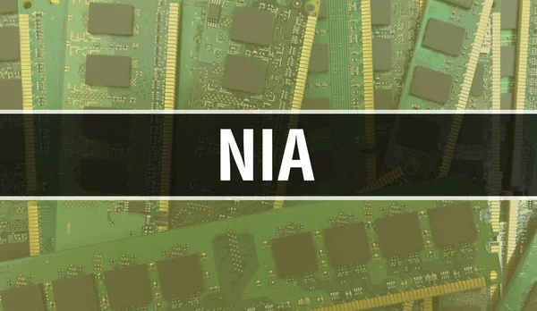 Nia Technology Motherboard Digital Nia和计算机电路板电子计算机硬件技术主板数字芯片的概念 用集成电路与Nia紧密相连 — 图库照片