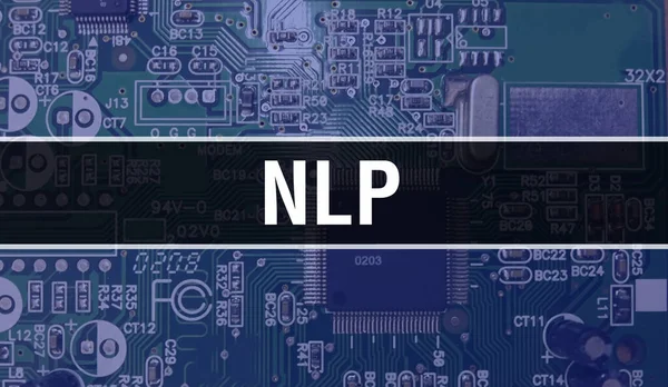 Yazılım geliştiricisi ve bilgisayar yazılımının elektronik soyut teknoloji arka planında yazılmış NLP metni. NLP entegre devreler konsepti. NLP entegre devre ve direnç