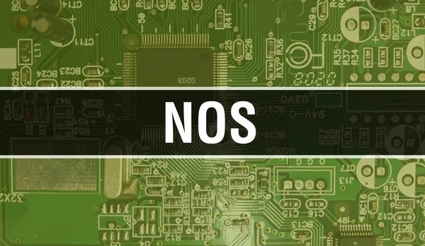 电路上装有电子集成电路的Nos概念 具有计算机芯片的Nos在电路板抽象技术背景和芯片在集成电路上的闭合 Nos Backgroun — 图库照片