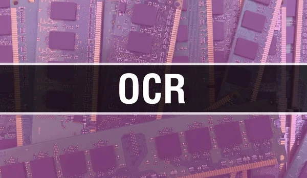 在电路板上配备电子集成电路的Ocr概念 计算机芯片在电路板抽象技术背景中的Ocr和芯片在集成电路上的闭合 Ocr Backgroun — 图库照片