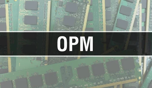 回路基板上の電子集積回路とのOpmコンセプト Opm Computer Chip Circuit Boardの抽象技術の背景とチップは集積回路上に閉じ込められています Opm背景 — ストック写真