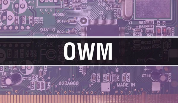Owm概念与计算机主板 Owm文本写在技术母板数字技术背景上 具有印刷电路板和集成电路背板芯片闭合的Owm — 图库照片