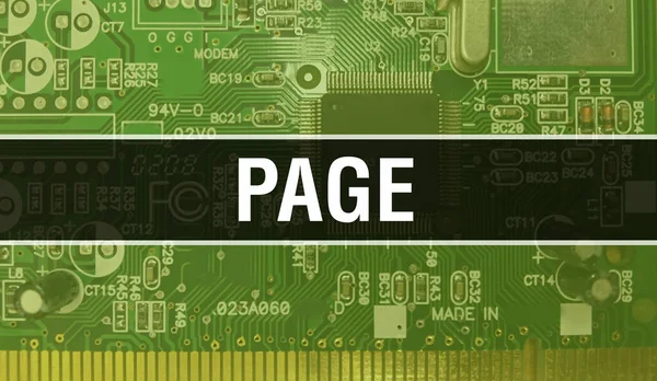 マザーボードでページのコンセプト テクノロジーマザーボードのデジタル技術の背景に書かれたページテキスト プリント基板とチップを集積回路に閉じ込めたページ背景 — ストック写真