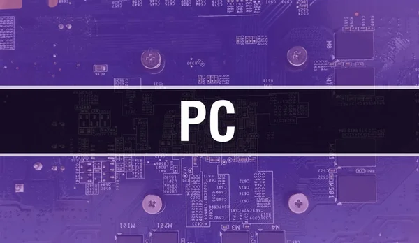 技術マザーボードデジタルとPc Pcとコンピュータ回路基板電子計算機ハードウェア技術マザーボードデジタルチップの概念 集積回路付きPcを閉じる猪 — ストック写真