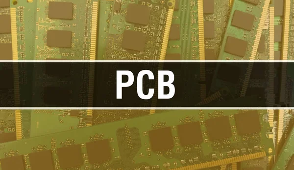 回路基板上の電子集積回路とPcbの概念 回路基板にコンピュータチップを搭載したPcb抽象技術の背景とチップを集積回路上に閉じます Pcbの背景 — ストック写真